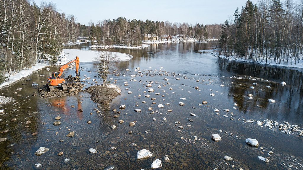 Kaivinkone kunnostamassa kutu ja poikasalueita Kalkkistenkoskella helmikuussa.